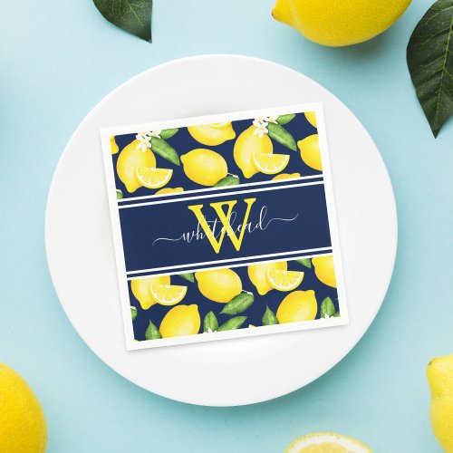 Lemon Monogram Citrus Pattern Navy Blue Napkins