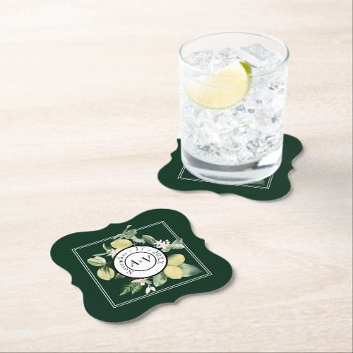 Lemon Monogram Floral Emerald Green Wedding Paper Coaster