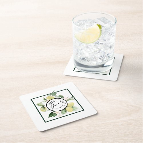 Lemon Monogram Floral White Wedding Square Paper Coaster