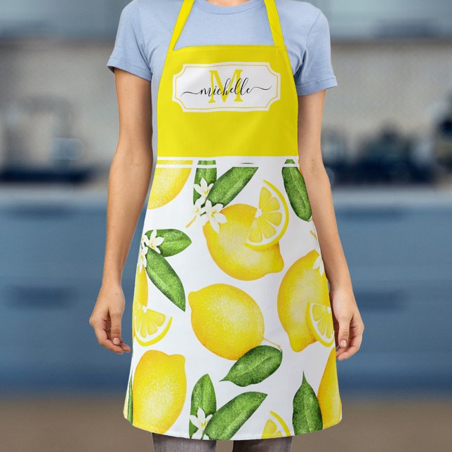 Lemon Monogram Initial Botanical Yellow Citrus Apron (Creator Uploaded)