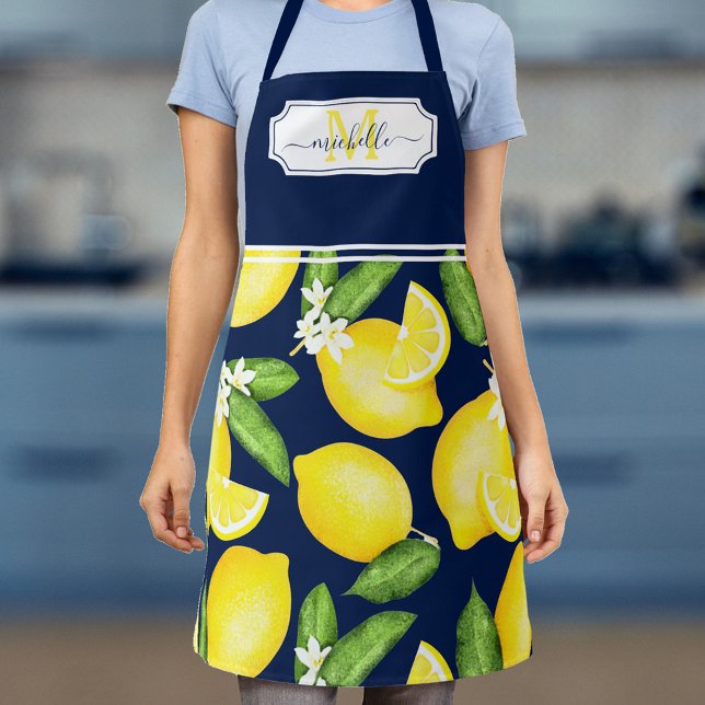 Lemon Monogram Initial Citrus Navy Blue Apron (Creator Uploaded)