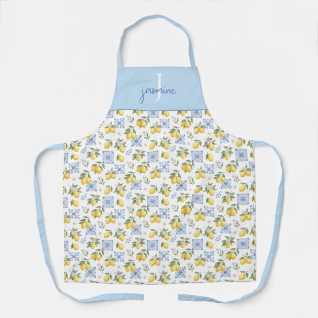 Lemon Monogram Name French Country Tile Pattern Apron (Front)