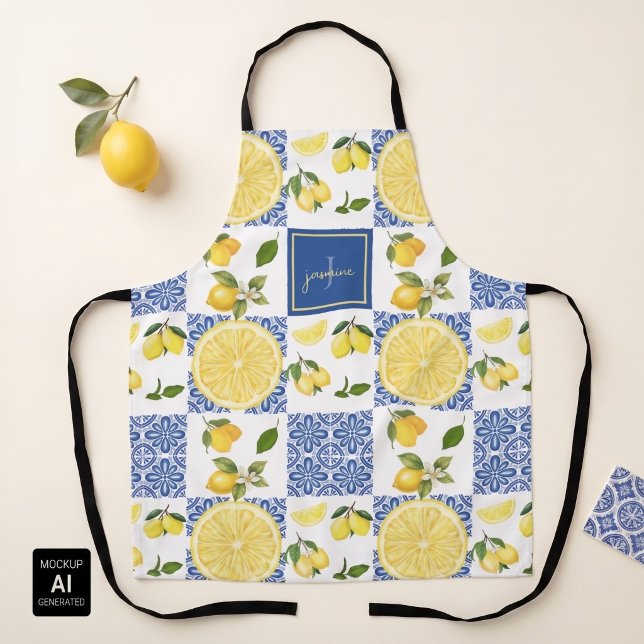 Lemon Monogram Name French Country Tile Pattern Apron (Creator Uploaded)