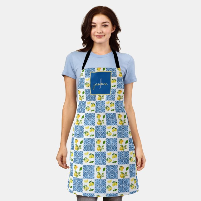 Lemon Monogram Name French Country Tile Pattern Apron (Worn)