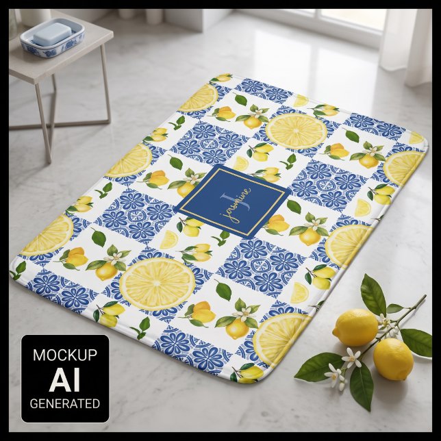 Lemon Monogram Name French Country Tile Pattern Bath Mat (Creator Uploaded)