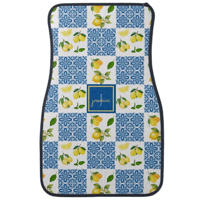 Lemon Monogram Name French Country Tile Pattern Car Floor Mat (Front)