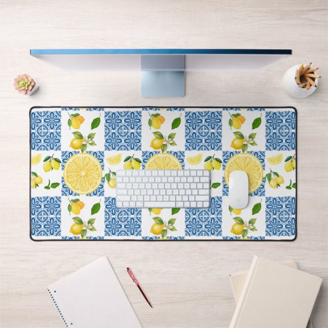 Lemon Monogram Name French Country Tile Pattern Desk Mat (Office 1)