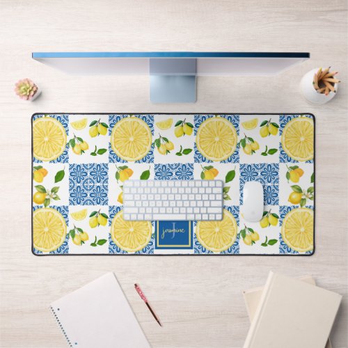 Lemon Monogram Name French Country Tile Pattern Desk Mat