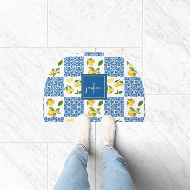 Lemon Monogram Name French Country Tile Pattern Doormat (Indoor)