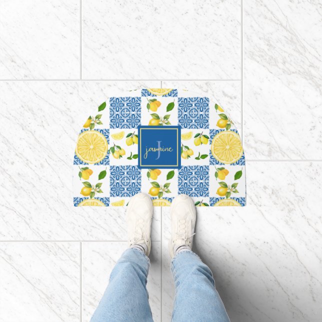 Lemon Monogram Name French Country Tile Pattern Doormat (Indoor)