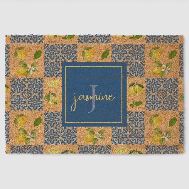 Lemon Monogram Name French Country Tile Pattern Fiber Doormat (Front)