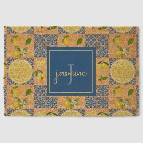 Lemon Monogram Name French Country Tile Pattern Fiber Doormat
