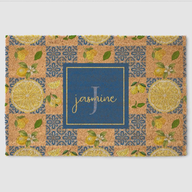 Lemon Monogram Name French Country Tile Pattern Fiber Doormat (Front)