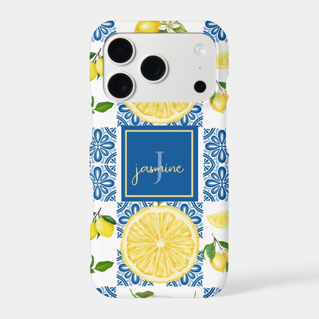 Lemon Monogram Name French Country Tile Pattern iPhone Case (Back)