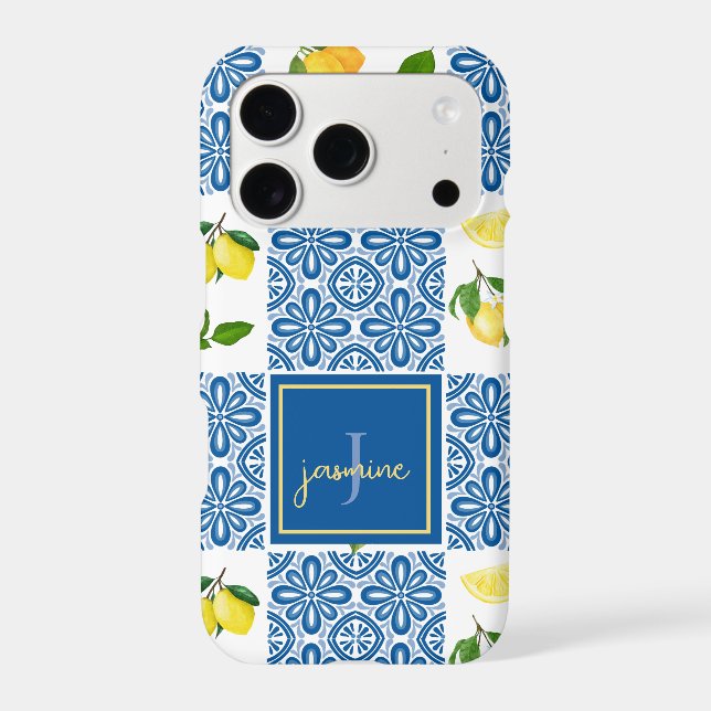 Lemon Monogram Name French Country Tile Pattern iPhone Case (Back)