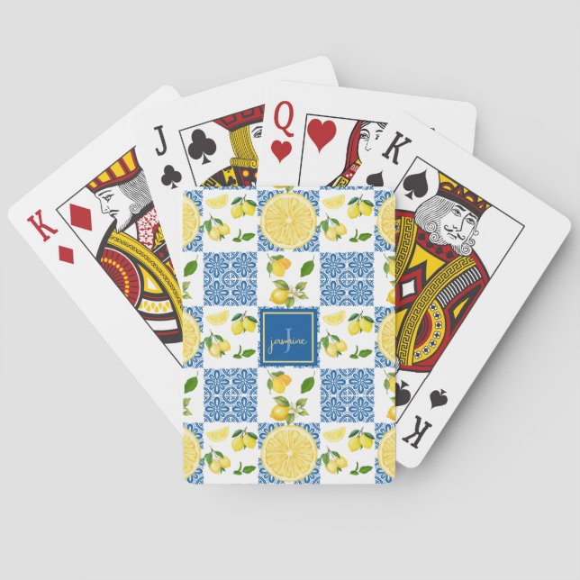 Lemon Monogram Name French Country Tile Pattern Poker Cards (Back)