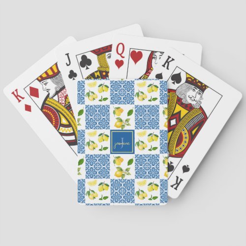 Lemon Monogram Name French Country Tile Pattern Poker Cards