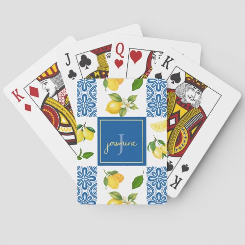 Lemon Monogram Name French Country Tile Pattern Poker Cards