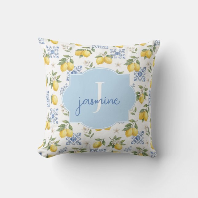 Lemon Monogram Name French Country Tile Pattern Throw Pillow (Front)