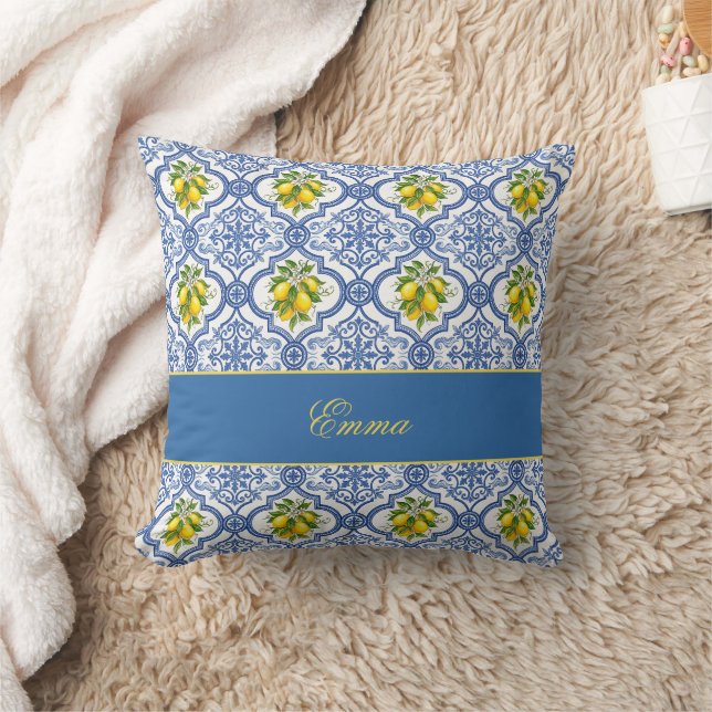 Lemon Monogram Name French Country Tile Pattern Throw Pillow (Blanket)
