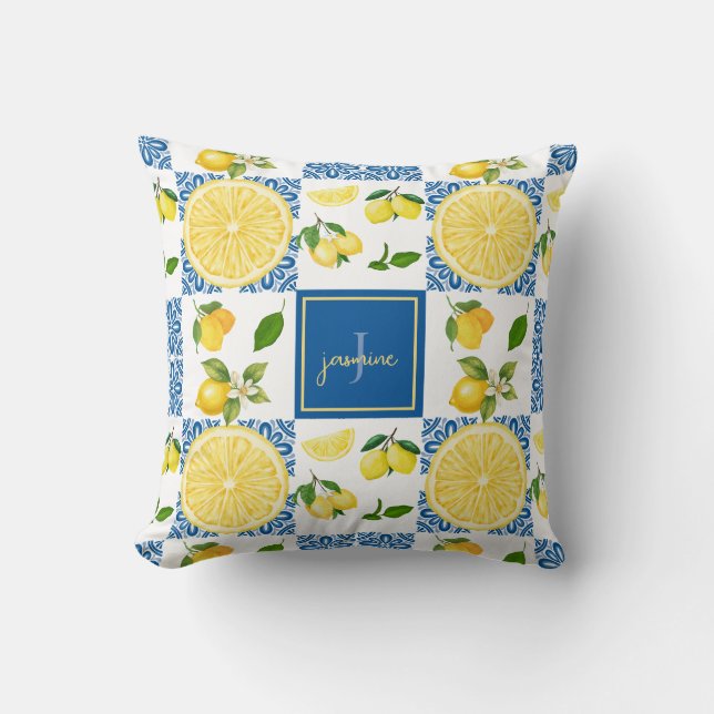 Lemon Monogram Name French Country Tile Pattern Throw Pillow (Front)