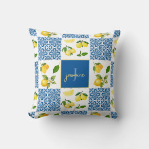 Lemon Monogram Name French Country Tile Pattern Throw Pillow