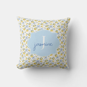 Lemon Monogram Name French Country Tile Pattern Throw Pillow