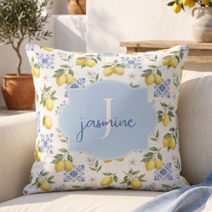 Lemon Monogram Name French Country Tile Pattern Throw Pillow