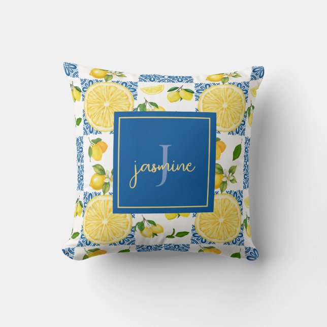 Lemon Monogram Name French Country Tile Pattern Throw Pillow (Front)