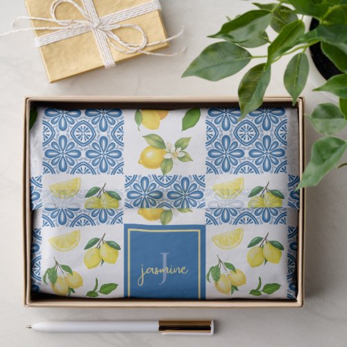 Lemon Monogram Name French Country Tile Pattern Tissue Paper