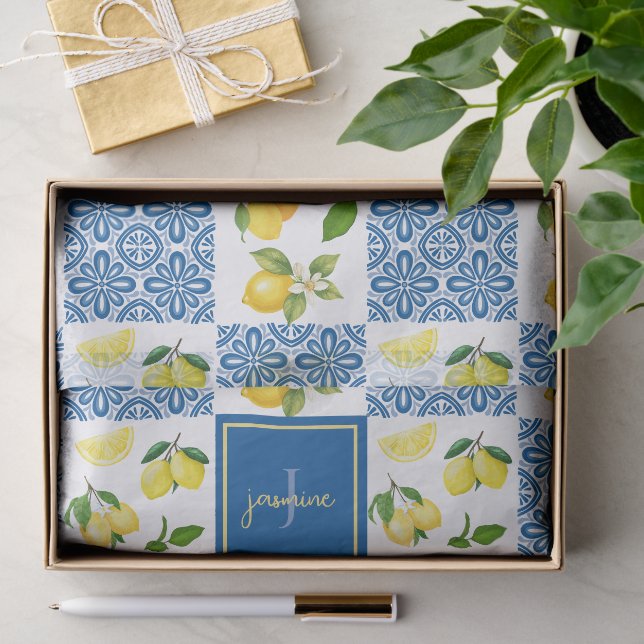 Lemon Monogram Name French Country Tile Pattern Tissue Paper (Gift)