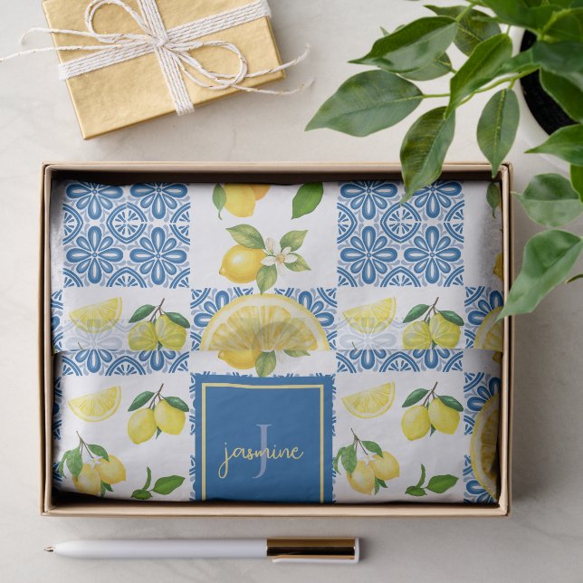 Lemon Monogram Name French Country Tile Pattern Tissue Paper (Gift)