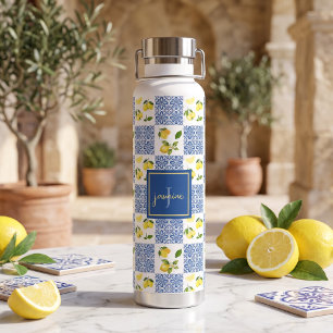 Lemon Monogram Name French Country Tile Pattern Water Bottle