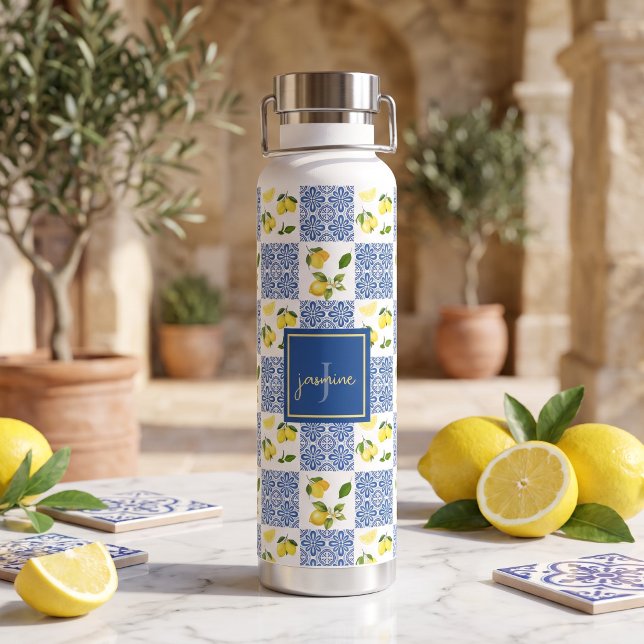 Lemon Monogram Name French Country Tile Pattern Water Bottle (Creator Uploaded)