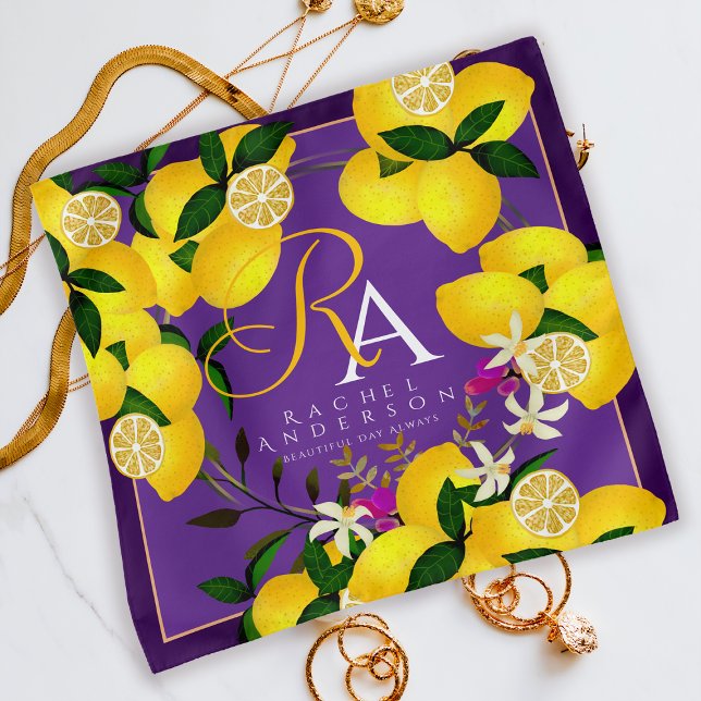 Lemon Monogram Purple Bandana (Elegant Lemon Monogram Purple Bandana.)