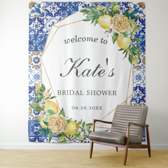Lemon Mosaic Tiles Bridal Shower Welcome Backdrop (In Situ)