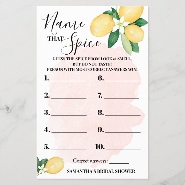 Lemon Name that Spice Pink Bridal Shower Game Card Flyer (Front)