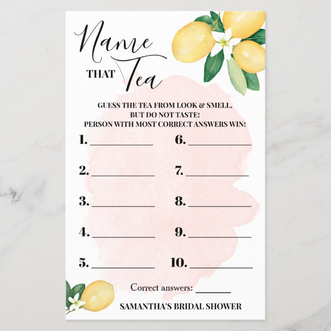 Lemon Name that Tea Pink Bridal Shower Game Card Flyer (Front)