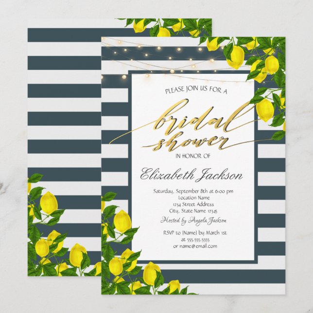 Lemon Navy Blue Striped Bridal Shower  Invitation (Front/Back)
