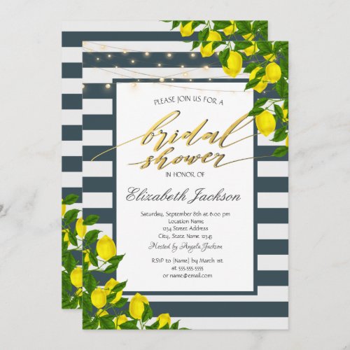 Lemon Navy Blue Striped Bridal Shower  Invitation