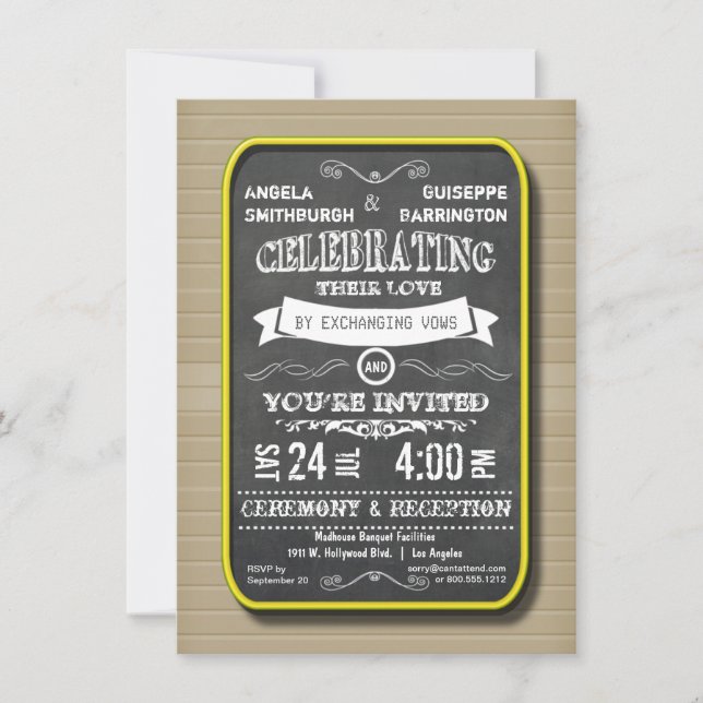 Lemon Neon Chalkboard Ceremony And Reception Invitation (Front)