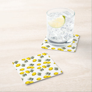 Lemon & Olive Botanical Art Pattern  Square Paper Coaster