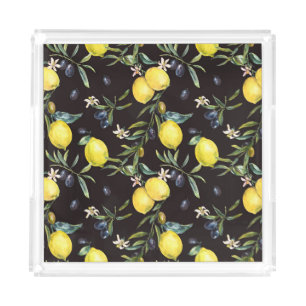 Lemon, olive branches: watercolor pattern. acrylic tray