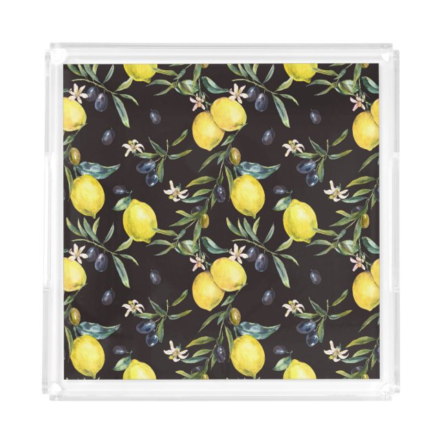 Lemon, olive branches: watercolor pattern. acrylic tray (Front)