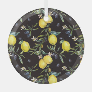 Lemon, olive branches: watercolor pattern. glass ornament
