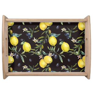 Lemon, olive branches: watercolor pattern. serving tray