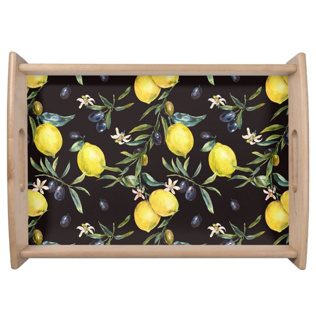 Lemon, olive branches: watercolor pattern. serving tray (Front)