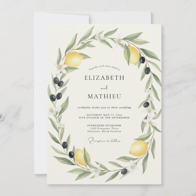 Lemon Olive Leafy Wedding Invitation (Front)
