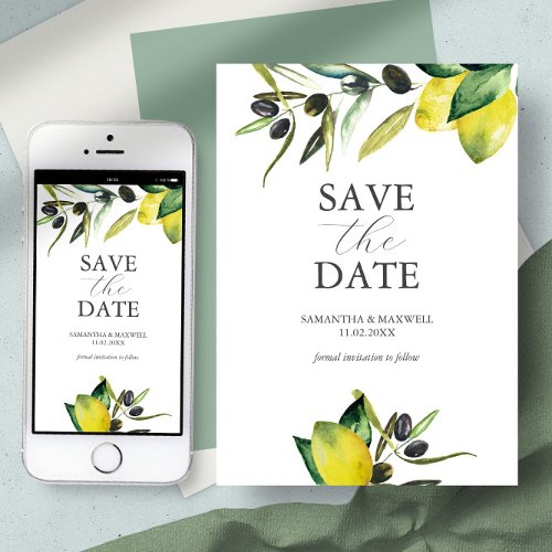 Lemon Olive Save The Date Modern Watercolor