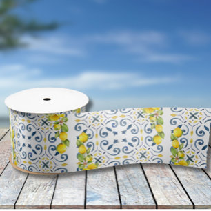 Lemon on Blue Tiles Bridal Shower Satin Ribbon